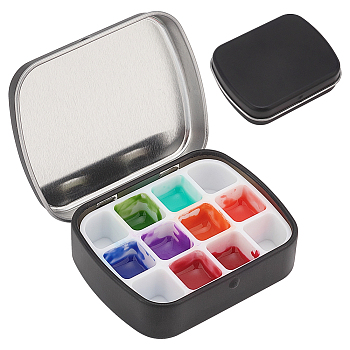 Iron Watercolor Paints & Nail Polish Tins Storage Box, with Plastic 12 Grids, for Nail Art Decoration, Art Painting Paints Storage Container, Black, 5.05x6.2x1.6cm