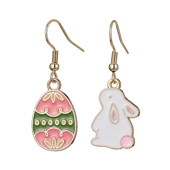 Easter Themed Alloy Enamel Dangle Earrings, Rabbit & Egg Asymmetrical Earrings, Olive Drab, 37.5~38.5x14mm