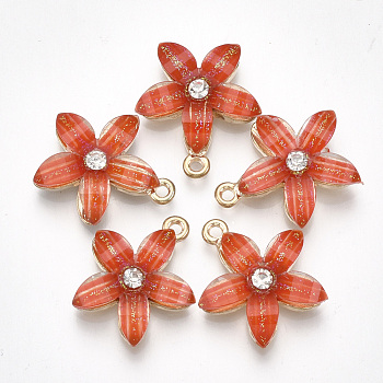 Alloy Pendants, with Resin and Rhinestone, Flower, Crystal, Light Gold, Orange Red, 21.5x18.5x5mm, Hole: 1.5mm