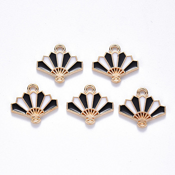 Chinese Style Alloy Enamel Pendants, Fan, Light Gold, Black, 15x17x1.5mm, Hole: 1.6mm
