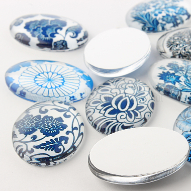 Blue and White Floral Theme Ornaments Glass Oval Flatback Cabochons(GGLA-A003-18x25-YY)-3