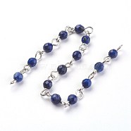 Handmade Natural Lapis Lazuli Beads Chains, Unwelded, with Iron Eye Pin, Round, Faceted, Platinum, 12~12.5x4~4.5mm, about 39.37 inch(1m)/strand(AJEW-JB00454-06)