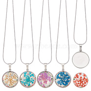 5Pcs 5 Color Dry Flower Pressed Glass Pendant Necklaces Set with Snake Chains, 304 Stainless Steel Jewelry for Women, Mixed Color, 17.91 inch(45.5cm), 1Pc/color(NJEW-UN0001-38)