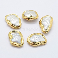 Natural Cultured Freshwater Pearl Beads, Edge Golden Plated, Nuggets, White, 10~16x18~24x4~6mm, Hole: 0.5mm(PEAR-F006-62G)