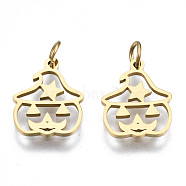 304 Stainless Steel Charms, with Jump Rings, Laser Cut, Jack-O-Lantern, Halloween, Real 14K Gold Plated, 12x9.5x1mm, Jump Ring: 3.8x0.6mm, 2.6mm inner diameter(STAS-S116-370G)