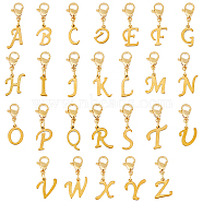 26Pcs 304 Stainless Steel Letter Pendant Decorations, Lobster Claw Clasps Charms, for Keychain, Purse, Backpack Ornament, Golden, Letter A~Z, 25~29mm, 26pcs/set, 1 set/box(HJEW-FH0006-51)