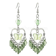 Heart Alloy Dangle Earrings, Butterfly & Leaf Acrylic Tassel Earrings for Women, Light Green, 77x27mm(EJEW-JE05572)