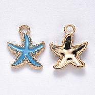 Alloy Enamel Pendants, Starfish, Light Gold, Deep Sky Blue, 18x15x3mm, Hole: 2.5mm(X-ENAM-S121-023C)