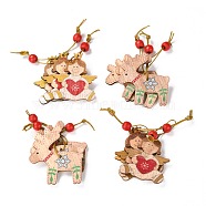 Christmas Theme Wood Big Pendant Decorations, with Hemp Rope and Wood Beads, Reindeer/Stag & Angel, Mixed Color, 103~117mm, 12pcs/box, Box: about 140x140x18mm(HJEW-F011-04)