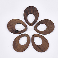 Walnut Wood Pendants, Teardrop, Saddle Brown, 37.5~38x28x2.5mm, Hole: 2mm(X-WOOD-S054-10)
