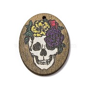 Single Face Printed Wood Pendants, Hallowmas's Day Charms, Skull, 37.5x29x2.5mm, Hole: 1.6mm(WOOD-B009-01F)