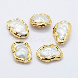 Natural Cultured Freshwater Pearl Beads, Edge Golden Plated, Nuggets, White, 10~16x18~24x4~6mm, Hole: 0.5mm(PEAR-F006-62G)