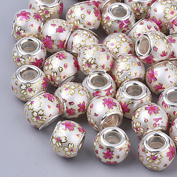 Printed Opaque Resin European Beads, Large Hole Beads, Imitation Pearl, with Platinum Tone Brass Double Cores, Rondelle with Sakura Pattern, White, 12x9.5mm, Hole: 5mm(RPDL-T038-010)