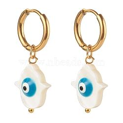 304 Stainless Steel Huggie Hoop Earrings, with Natural Shell Beads, Hamsa Hand with Evil Eye, Dodger Blue, Golden, 31mm, Pin: 1mm(EJEW-JE04533-01)