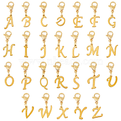 26Pcs 304 Stainless Steel Letter Pendant Decorations, Lobster Claw Clasps Charms, for Keychain, Purse, Backpack Ornament, Golden, Letter A~Z, 25~29mm, 26pcs/set, 1 set/box(HJEW-FH0006-51)