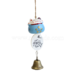 Fortune Lucky Cat Porcelain Wind Chines, Outdoor, Home Hanging Decorations with Iron Bell and Sunflower Pattern Charms, Deep Sky Blue, 280~310mm(DJEW-PW0002-18D)