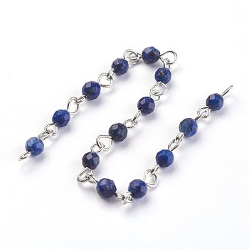Handmade Natural Lapis Lazuli Beads Chains, Unwelded, with Iron Eye Pin, Round, Faceted, Platinum, 12~12.5x4~4.5mm, about 39.37 inch(1m)/strand