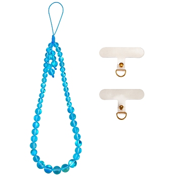 Round Synthetic Moonstone Beaded Mobile Straps, Nylon Cord with TPU Mobile Phone Lanyard Patch Mobile Accessories Decor, Cyan, 23cm