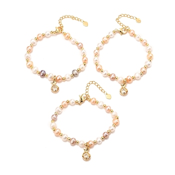 Brass Micro Pave Cubic Zirconia Flat Round Charms Bracelets, Real 18K Gold Plated, with Natural Pearl, Long-Lasting Plated, Mixed Color, 6-1/2x1/4 inch(16.5x0.7cm)