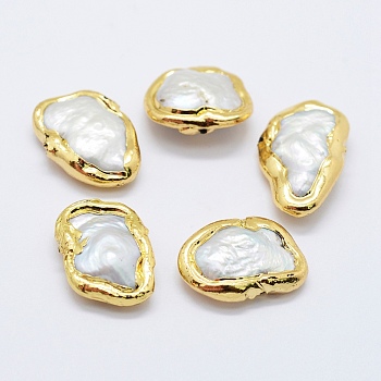 Natural Cultured Freshwater Pearl Beads, Edge Golden Plated, Nuggets, White, 10~16x18~24x4~6mm, Hole: 0.5mm