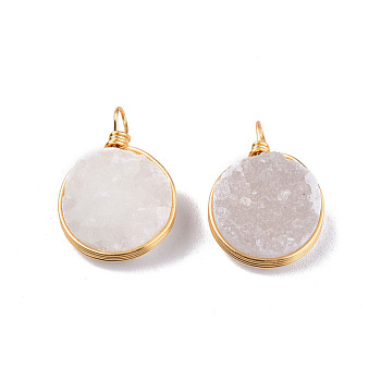 Natural Druzy Agate Pendants, with Light Gold Plated Brass Findings, Flat Round Charm, 19x13x7~8mm, Hole: 2mm
