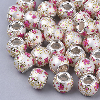 Printed Opaque Resin European Beads, Large Hole Beads, Imitation Pearl, with Platinum Tone Brass Double Cores, Rondelle with Sakura Pattern, White, 12x9.5mm, Hole: 5mm