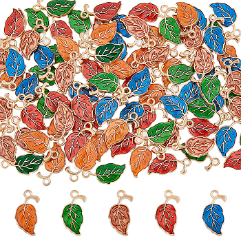 100Pcs 5 Colors Alloy Enamel Pendants, Leaf, Light Gold, Mixed Color, 19.5~20x9.5~10x2~2.2mm, Hole: 1.5~1.6mm, 20pcs/color
