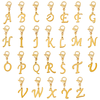 26Pcs 304 Stainless Steel Letter Pendant Decorations, Lobster Claw Clasps Charms, for Keychain, Purse, Backpack Ornament, Golden, Letter A~Z, 25~29mm, 26pcs/set, 1 set/box