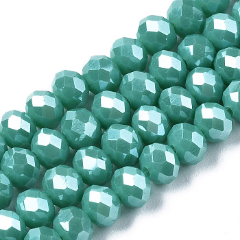 Electroplate Glass Beads Strands, Pearl Luster Plated, Faceted, Rondelle, Medium Turquoise, 6x5mm, Hole: 1mm, about 85~88pcs/strand, 16.1~16.5 inch(41~42cm)
