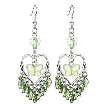 Heart Alloy Dangle Earrings, Butterfly & Leaf Acrylic Tassel Earrings for Women, Light Green, 77x27mm