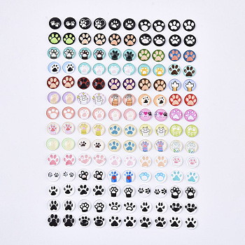 Glass Cabochons, with Self-Adhesive, for DIY Jewelry Making, Half Round with Mixed Patterns, Cat Pattern, 12x4.5mm