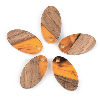 Resin & Walnut Wood Pendants, Oval, Orange, 20x11x3mm, Hole: 2mm