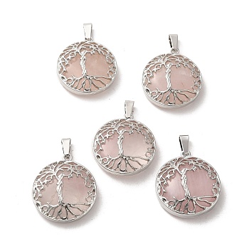 Natural Rose Quartz Pendants, Tree of Life Charms with Platinum Plated Alloy Findings, 31x27mm
