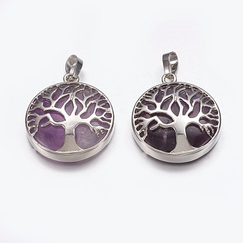 Natural Amethyst Pendants, with Brass Finding, Flat Round with Tree of Life, Platinum, 31x27x6mm, Hole: 5x8mm