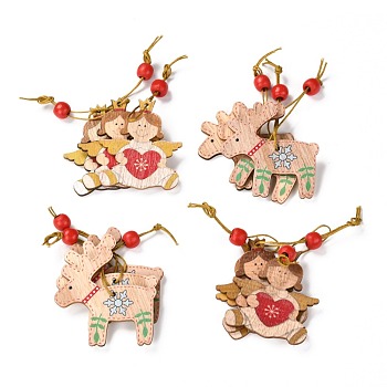 Christmas Theme Wood Big Pendant Decorations, with Hemp Rope and Wood Beads, Reindeer/Stag & Angel, Mixed Color, 103~117mm, 12pcs/box, Box: about 140x140x18mm