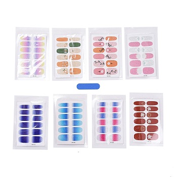 Full-Cover Gradient Wraps Nail Polish Stickers, Glitter Powder Self-adhesive Nail Art Decals Strips, with Manicure Buffer Files, for DIY Nail Art Design, Mixed Patterns, 25x8.5~15.5mm, 12pcs/sheet