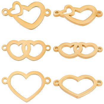 15Pcs 3 Styles 304 Stainless Steel Connector Charms, Laser Cut, Heart Links, Golden, 8~13x20~21x1mm, Hole: 1.5~2mm, 5pcs/style