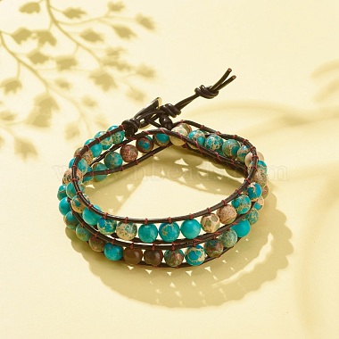 Round Natural Imperial Jasper(Dyed) Braided Wrap Bracelet(BJEW-JB08175)-2