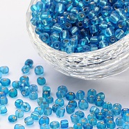 (Repacking Service Available) 6/0 Glass Seed Beads, Silver Lined Round Hole, Round, Sky Blue, 4mm, Hole: 1.5mm, 12G/bag(SEED-C014-4mm-23B)