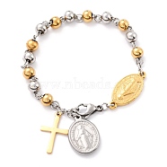 304 Stainless Steel Charm Bracelets, with Round Beads, Cross & Oval with Saint, Golden & Stainless Steel Color, 8-3/8 inch(21.3cm)(STAS-B021-16GP)