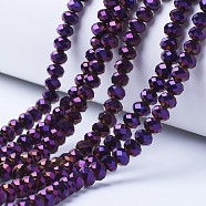 Electroplate Transparent Glass Beads Strands, Full Plated, Faceted, Rondelle, Purple Plated, 4x3mm, Hole: 0.4mm, about 123~127pcs/strand, 16.5~16.9 inch(42~43cm)(EGLA-A034-T4mm-UA06)