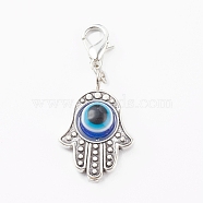 Alloy Pendants, with Resin Beads and Zinc Alloy Lobster Claw Clasps, Hamsa Hand with Evil Eye, Antique Silver & Platinum, Royal Blue, 40mm(HJEW-JM00468-01)