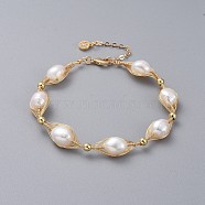 Natural Pearl Beaded Bracelets, with Copper Wire, Brass Cubic Zirconia Pendants, Brass Beads, Cable Chains and Lobster Claw Clasps, with Cardboard Packing Box, Golden, 7-7/8 inch(20cm)(BJEW-JB04888)