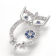 Brass Micro Pave Cubic Zirconia Links, Owl, Real Platinum Plated, 20x11x2mm, Hole: 1mm(ZIRC-G107-23P)