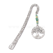 Natural Malaysia Jade & Green Aventurine Beaded Pendant Bookmarks with Alloy Tree of Life, Flower Pattern Hook Bookmarks, Antique Silver, 123.5x21x2.5mm, Pendant: 60x30x5mm(AJEW-JK00255-05)