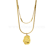 Stainless Steel Round Snake & Link Chains Double Layer Necklaces, with Twist Oval Pendant, Real 18K Gold Plated, 16.14 inch(41cm)(LK2067-1)