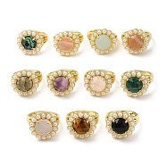 Natural Mixed Gemstone Flower Adjustable Ring with Plastic Pearl Beaded, Real 14K Gold Plated Brass Jewelry, Inner Diameter: 16.5~17mm(RJEW-E075-02G)
