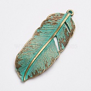 Tibetan Style Alloy Pendants, Feather, Antique Bronze & Green Patina, 44x17x2mm, Hole: 1.5mm(X-PALLOY-F187-05ABG)