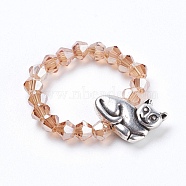Electroplate Faceted Glass Beads Rings, with Alloy Beads, Cat Shape, PeachPuff, Size 8, 18mm(RJEW-JR00217-04)