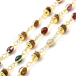 Natural Tiger Eye Column & Colorful Enamel Horse Eye Link Chain, with Brass Findings, Soldered, with Spool, Lead Free & Cadmium Free, Real 18K Gold Plated, 13.5x5mm, 10x4x3.5mm(CHC-G017-03G)